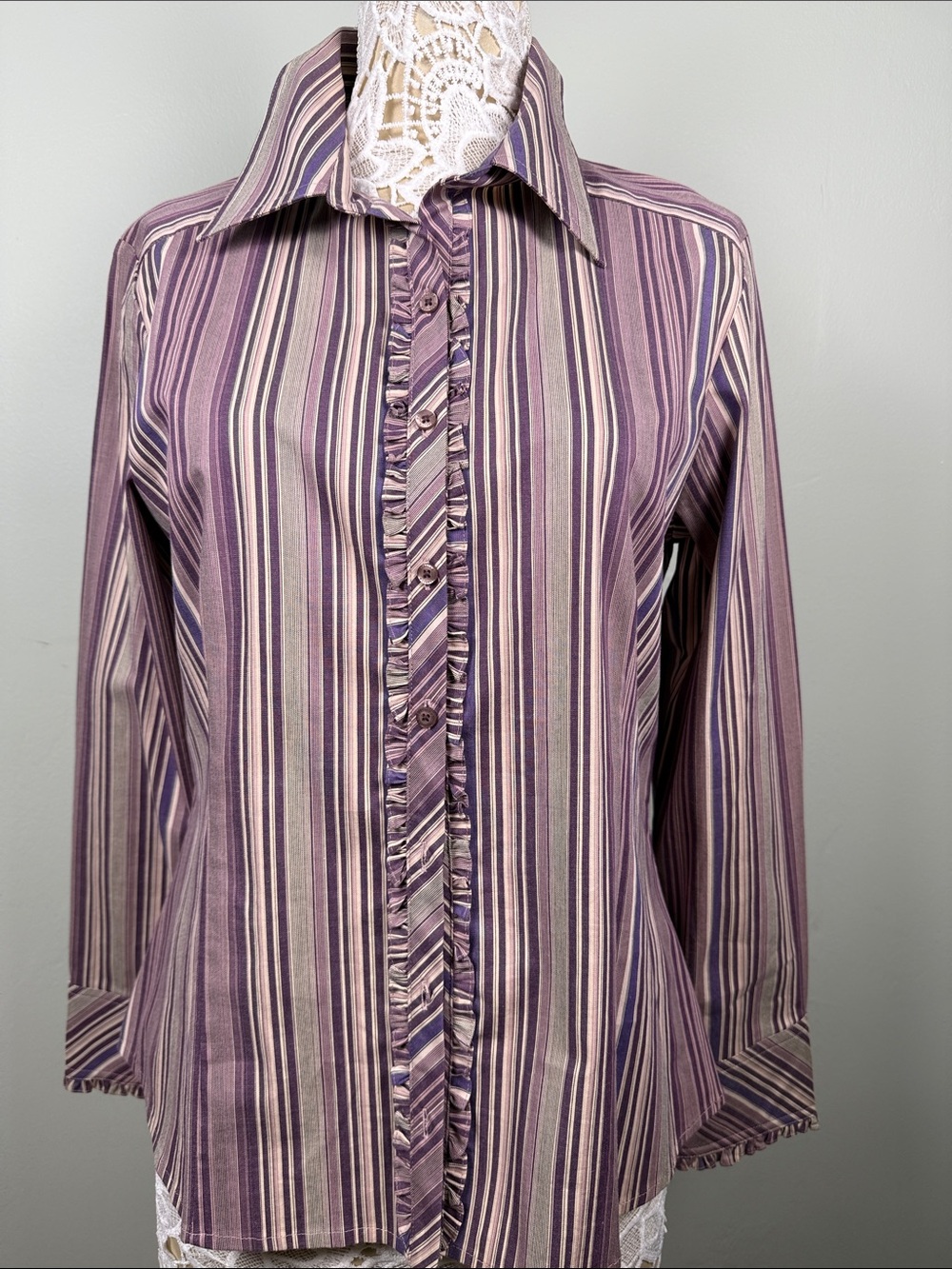 ✨Rafaella Vintage Y2K Striped Ruffle Button Down Blouse Purple Multi Size 14 EUC